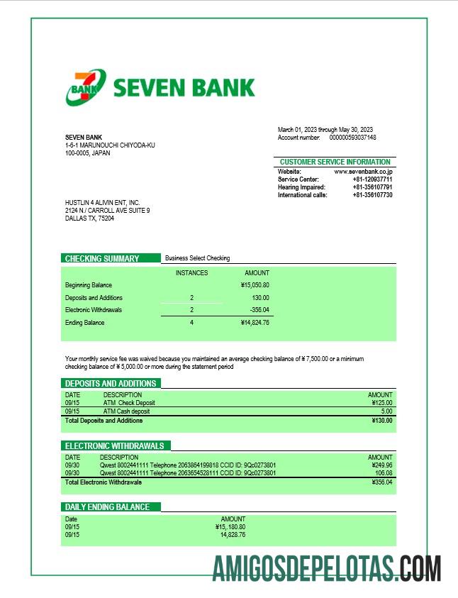 Baixável Seven empresa bancária extrato de conta corrente modelo Word e PDF